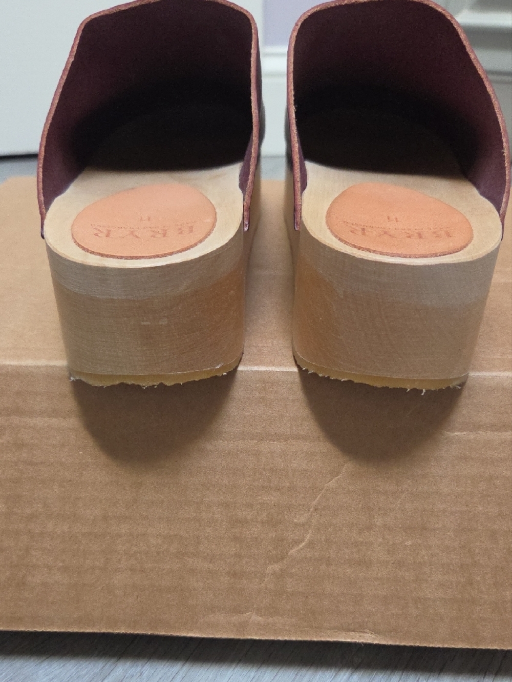 BRYR Burgundy Bean Slip-On Leather Clogs. Light Wood Platform. Worn Once. Sz 11 - Picture 4 of 5
